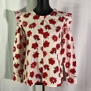 🛍 6 for $35 • Free Assembly Pink & Red Floral Ruffled Long Sleeve Cotton Blouse
